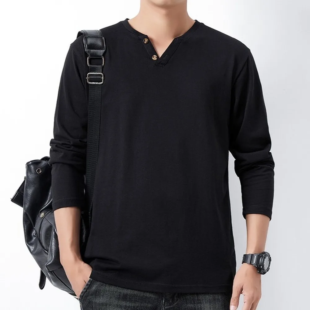 Men's Long Sleeve Solid Color V Neck T Shirt Loose Fit Bottom Button Regular Length Casual Sportswear Daily Top