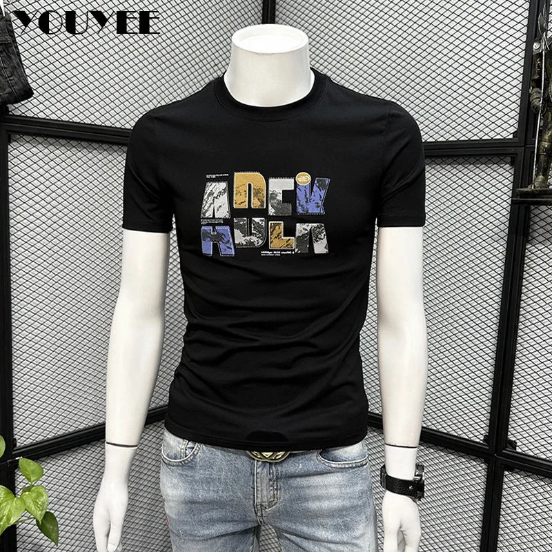 

Men's T-shirt Short Sleeve Letter Printed Summer 2023 New Casual Round Neck Handsome Top European Fashion Slim Fit Male Tees 7xl