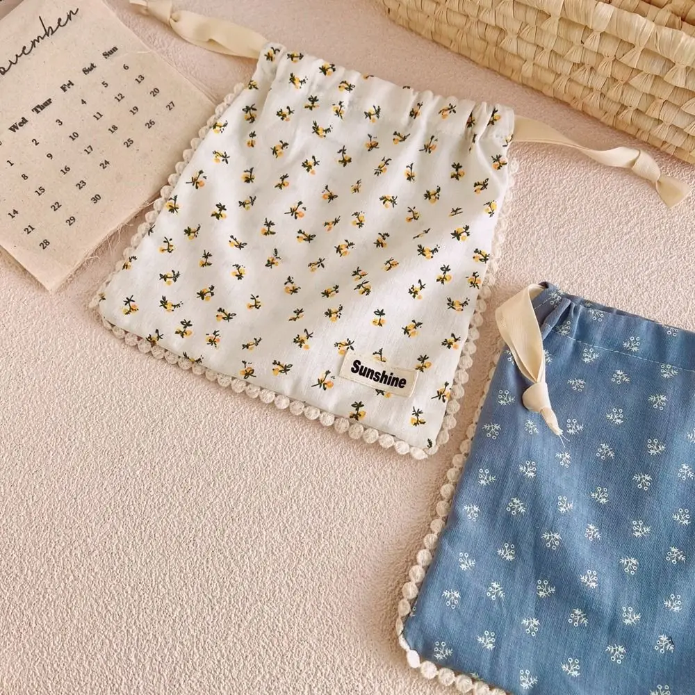 Coin Purses Idyllic Cotton Printing Drawstring Bundle Pocket Storage Bags Floral Small Cloth Cosmetics Bags