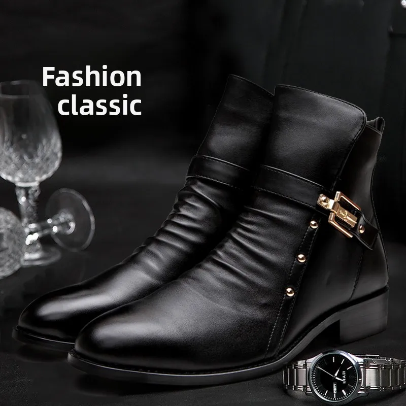 

Модные корейские ботинки с острым носком, высокие, универсальные, мужские, в британском стиле, из кожи