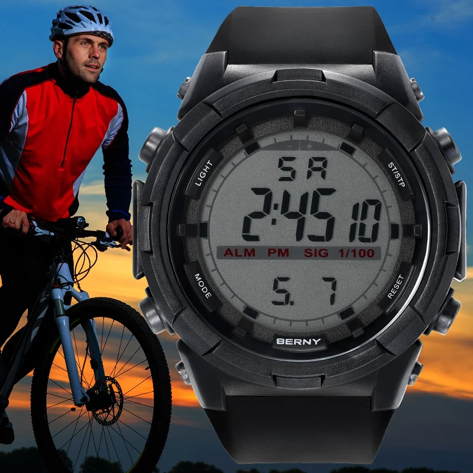 BERNY Men's Digital Electronic Watch Sports Super Luminous 49mm 5TM Waterproof Timekeeping Alarm Silicone Calendar Male Watch