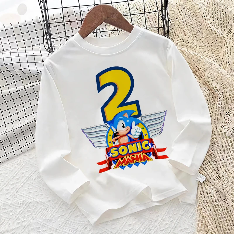 New Sonics T-shirts for Children Cute Cartoon Birthday Number Printed T-shirt Boys Long Sleeves Tops 2024 Baby Autumn Clothes