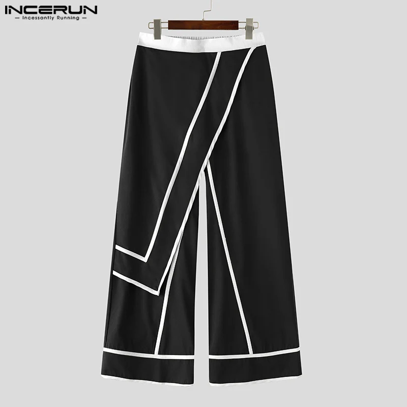 

INCERUN мужские брюки нестандартной формы в стиле пэчворк с эластичной резинкой на талии, широкие брюки, мужская уличная одежда, свободные модные мужские длинные брюки 2025 г.