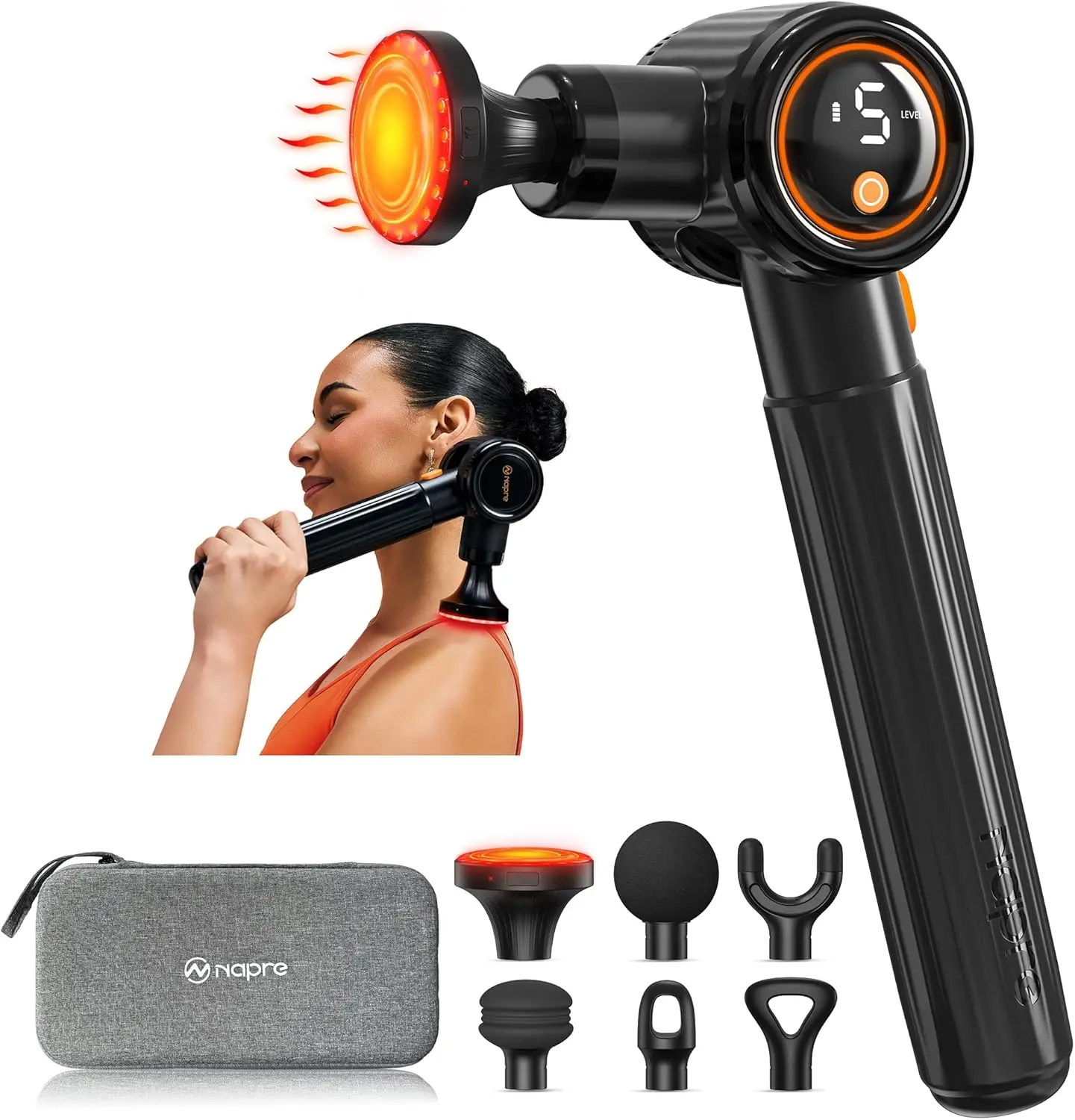 

Massage Gun with Heat, Deep Tissue Percussion, 3 Adjustable Angles, Extension Handle, 6 Heads, Portable Case, Black