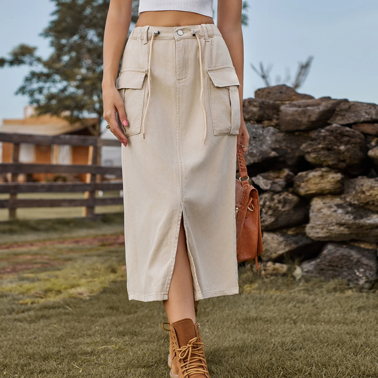 

Джинсовая юбка до половины тела с карманами и дизайном, новая однотонная рабочая одежда, юбка с разрезом на шнуровке для женщин весной и летом