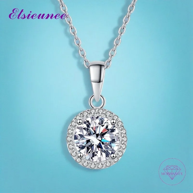 

ELSIEUNEE 1CT D Color Moissanite Pendant Necklace S925 Sterling Silver Wedding Party Fine Jewelry Necklaces for Women with GRA