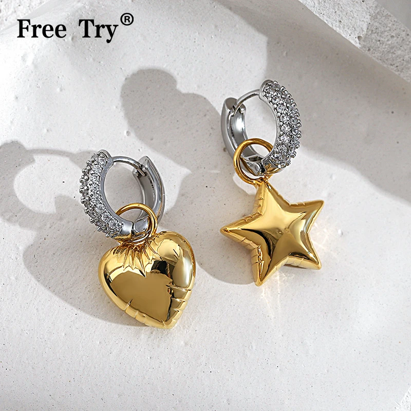 Freetry Asymmetric Gold Color Star Heart Earrings for Women Trend Balloon Micro Inlaid Zircon Drop Earrings Jewelry Gifts