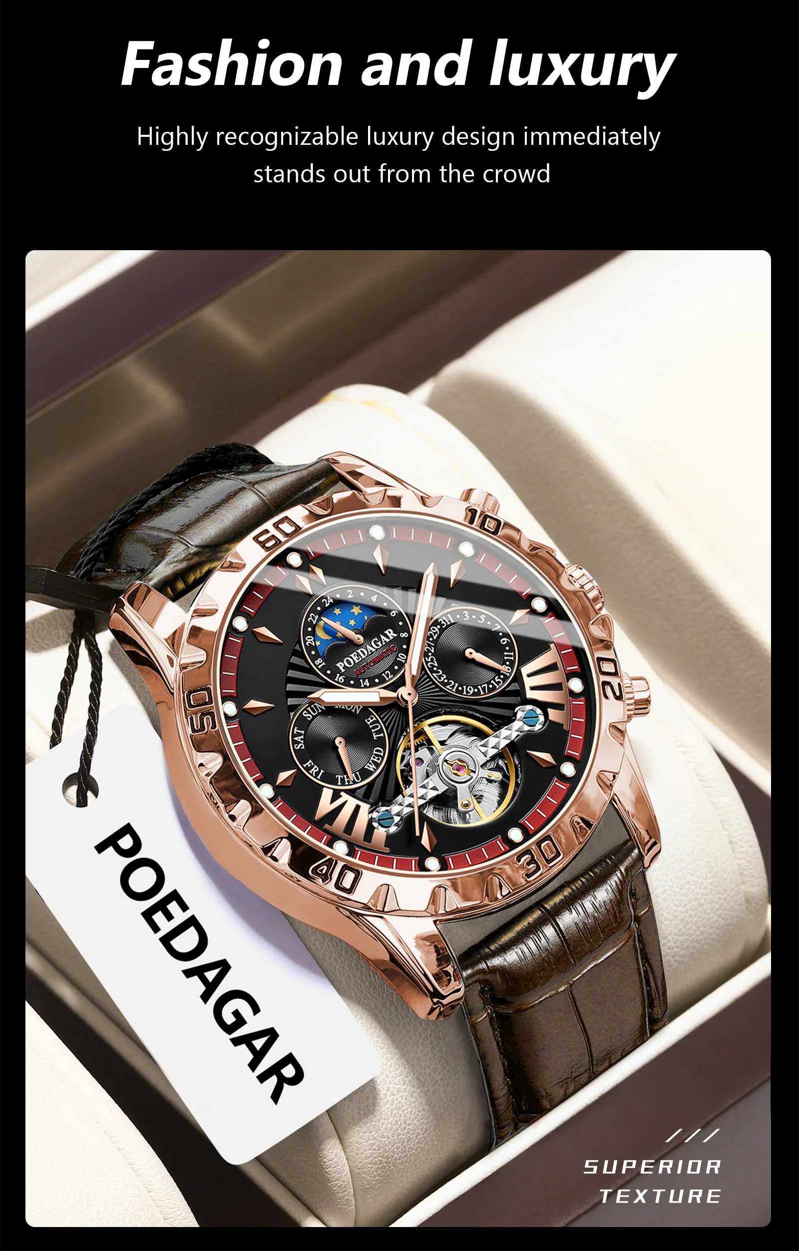 POEDAGAR Luxury Automatic Mechanical Men Watch Hollow Tourbillon Waterproof Luminous Male Clock Week Date Business Men's Watches