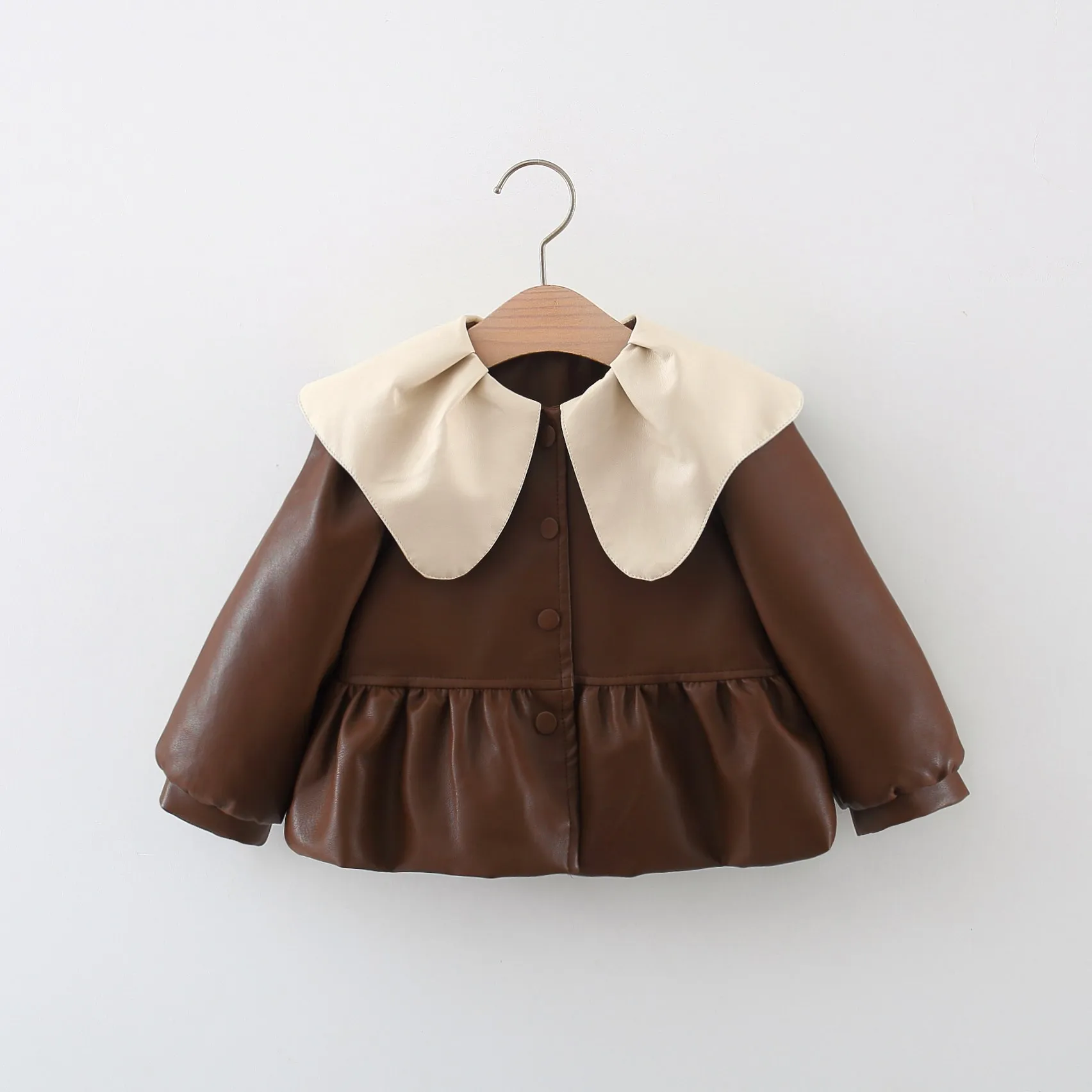 2024 Spring Fall Korean Style Baby Girl Coat Fashion Doll Collar Cute PU Toddler Jacket Infant Outerwear Newborn Clothes BC1723