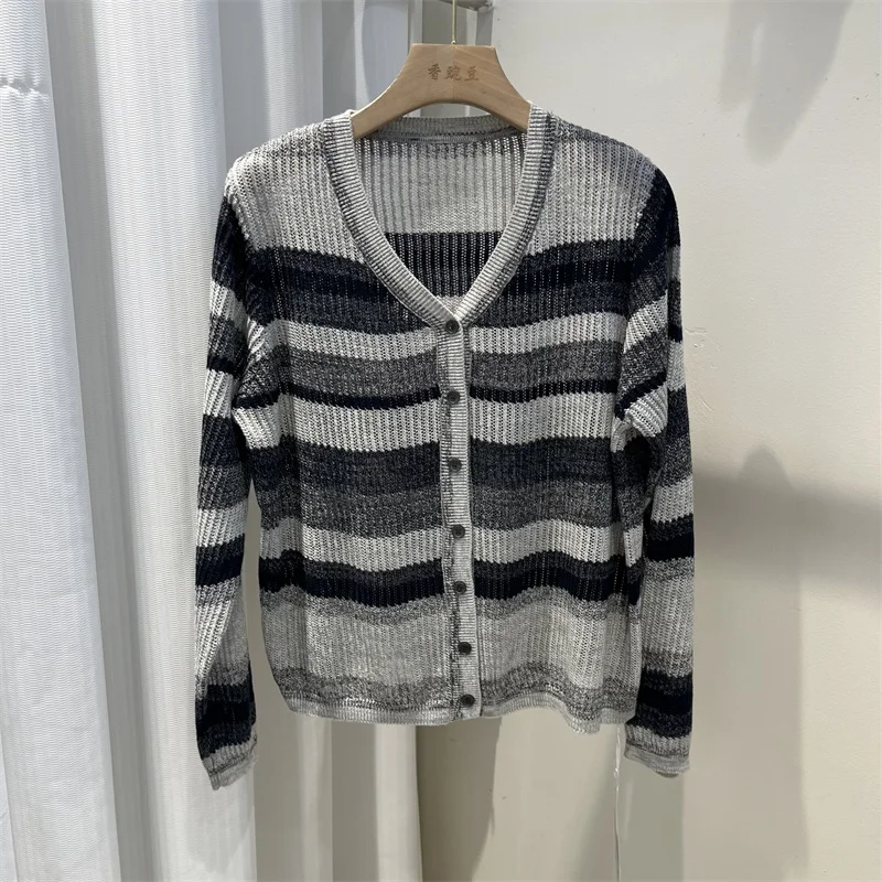 

Корейский вязаный открытый кардиган в полоску с v-образным вырезом, свободный женский модный топ цвета морской воротники, осеннее новое поступление