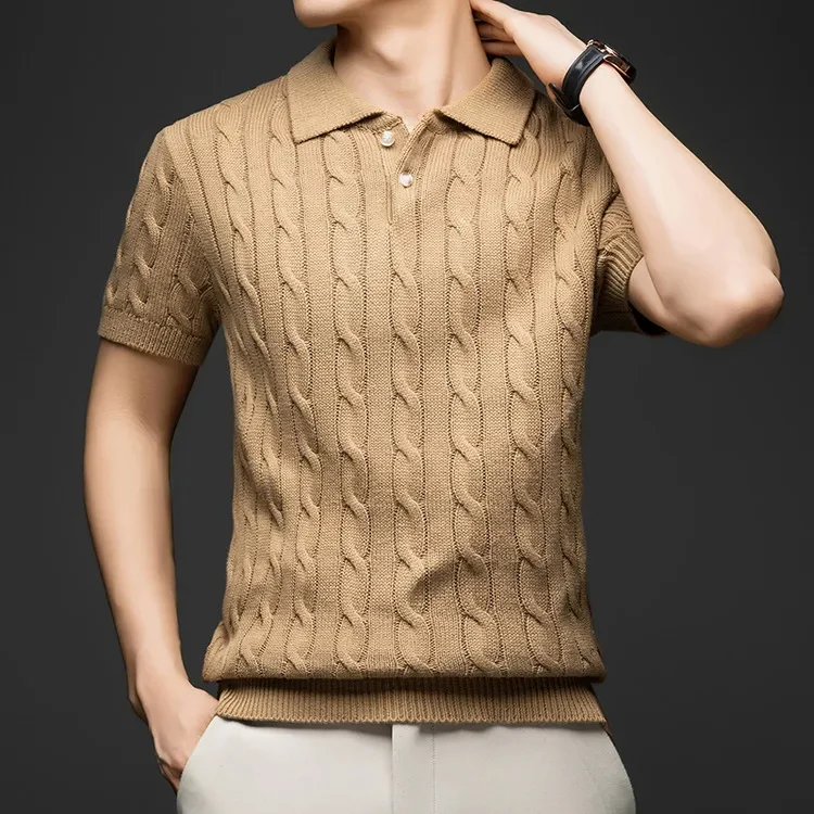 100% Baumwolle Herren Strick-Poloshirt Kurzarm Baumwolle Zopfmuster Retro Umlegekragen Lässiges Business-Oberteil – Detail 21
