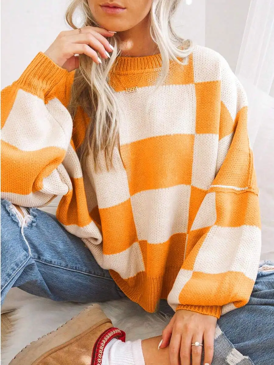 

Orange & Cream Plaid Knit Pullover Sweater, Oversized Long Sleeve Top for Women, Autumn Winter Casual Style
