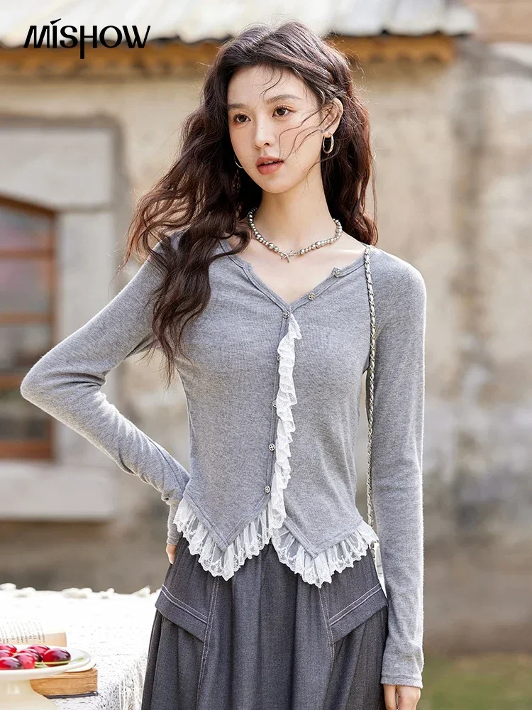 MISHOW Fashion Sweet Lace Patchwork Knit Cardigan Women's Spring New Casual V-neck Long Sleeved Knit Sweater Tops GirlMXD47Z0862