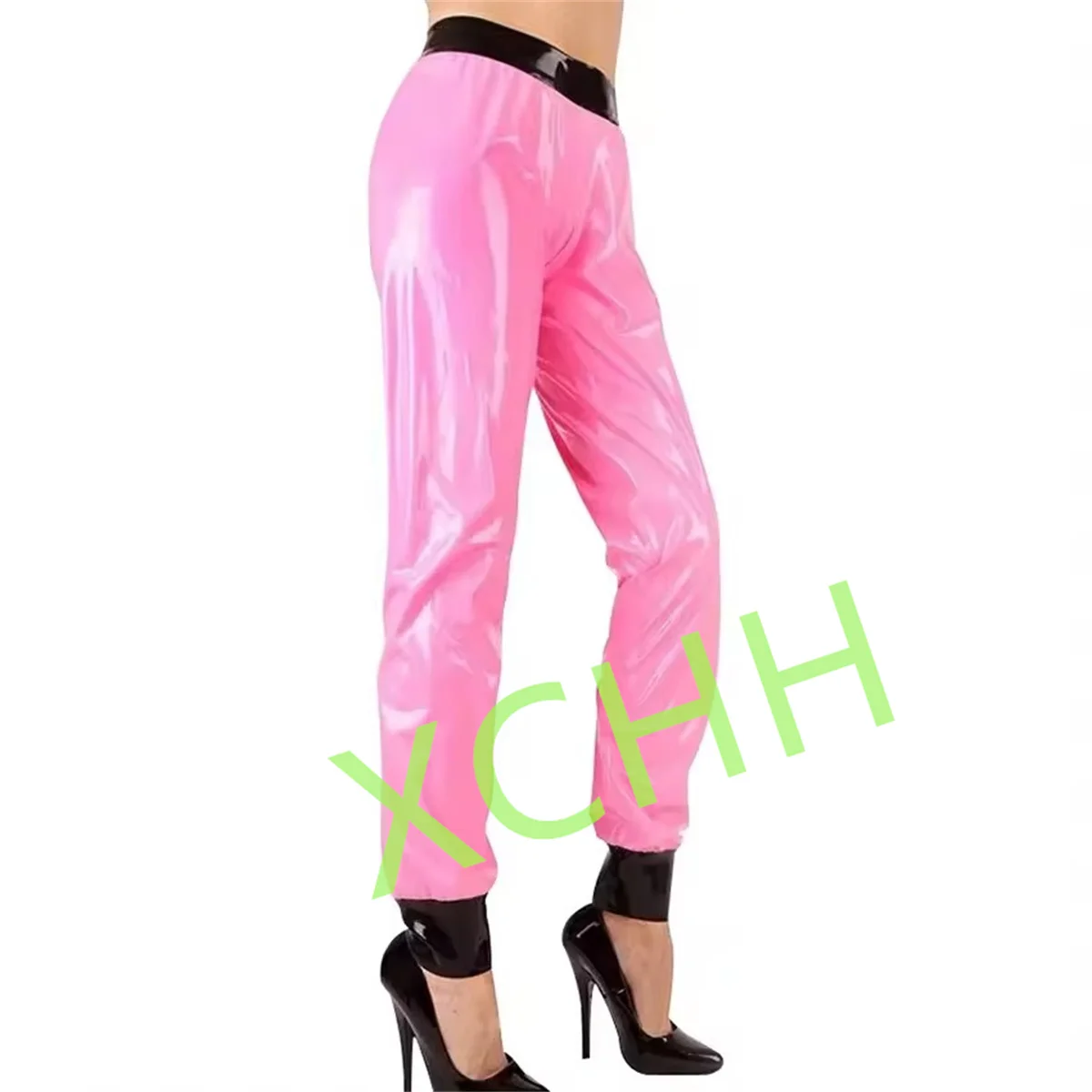 Women Latex Pants Handmade Rubber Trousers Pink with Black Cosplay Costume Support Custom Made Club Wear
