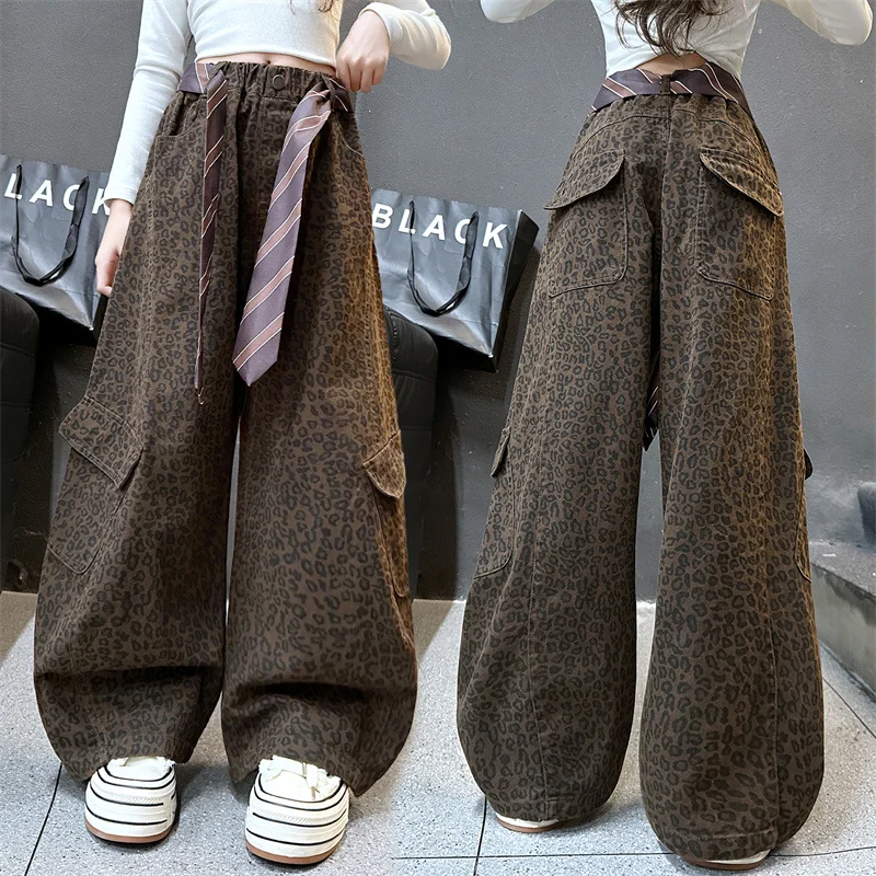 

Children Fashion Leopard Print Cargo Pants with Pocket for Girls High Street Stylish Leopard Trousers With Silk Belt Kids 5-14 T