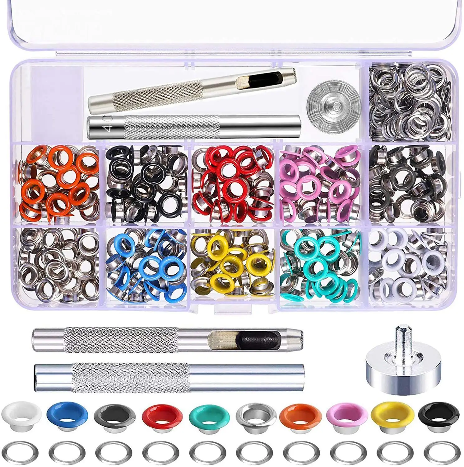 Kit de Ojales Metálicos Multicolor de 5mm, 100/600 Sets con Herramientas de Instalación para Cuero, Lona, Zapatos, Cinturones, Bolsos y Manualidades