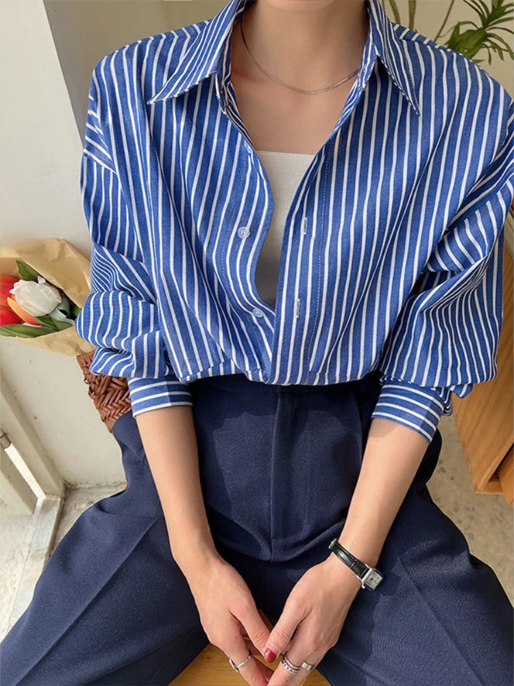 

Blue Striped Women's Shirt Spring and Summer Loose Leisure Blouse Women Korean Fashion Temperament Chic Office Lady Shirts
