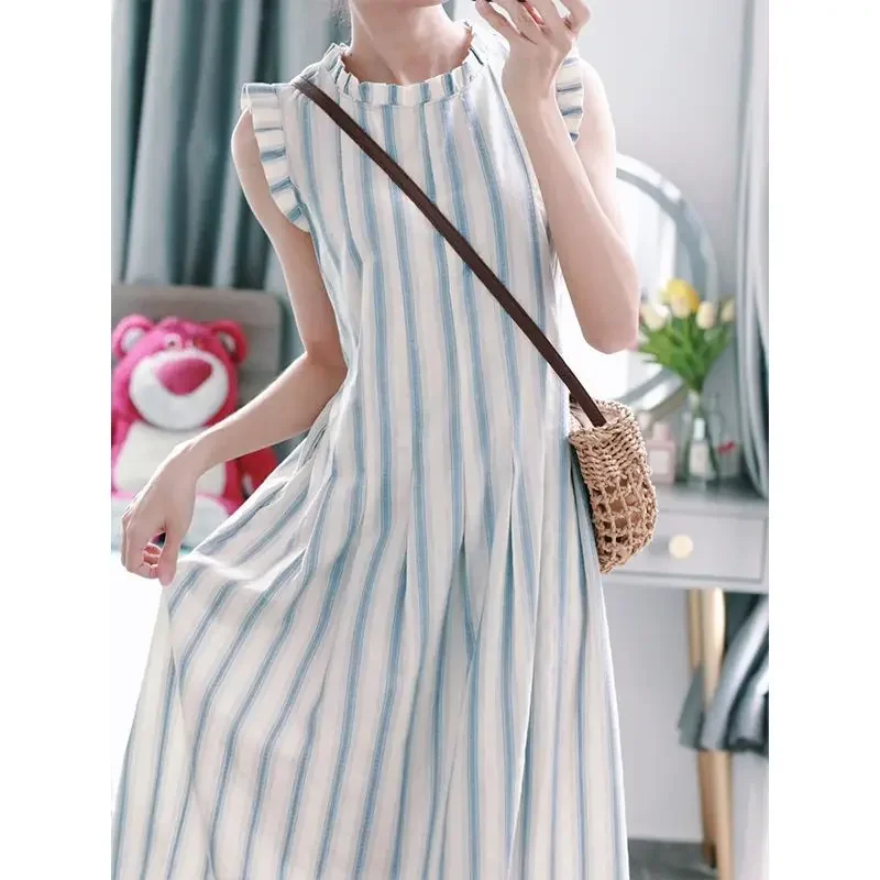 

Fashion O-Neck Ruffles Folds Striped Sleeveless Dress Women's Clothing Summer New Loose Butterfly Sleeve Casual Dresses V1079