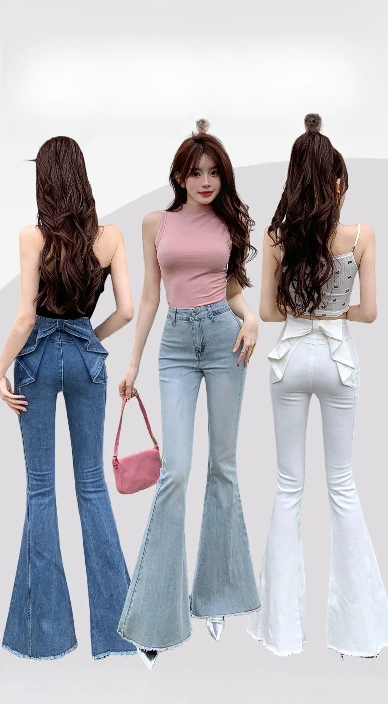 Bow Tie Jeans Women's American Vintage Three-dimensional Micro-large Summer Thin Pants New High-waisted Skinny Hip Flare Pants