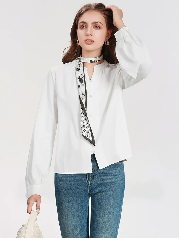 

Ele Pearl Button irt White Stand Collar Casual Loose Fit Fem Youth Faion Breathable Lightweight Chinese Brand