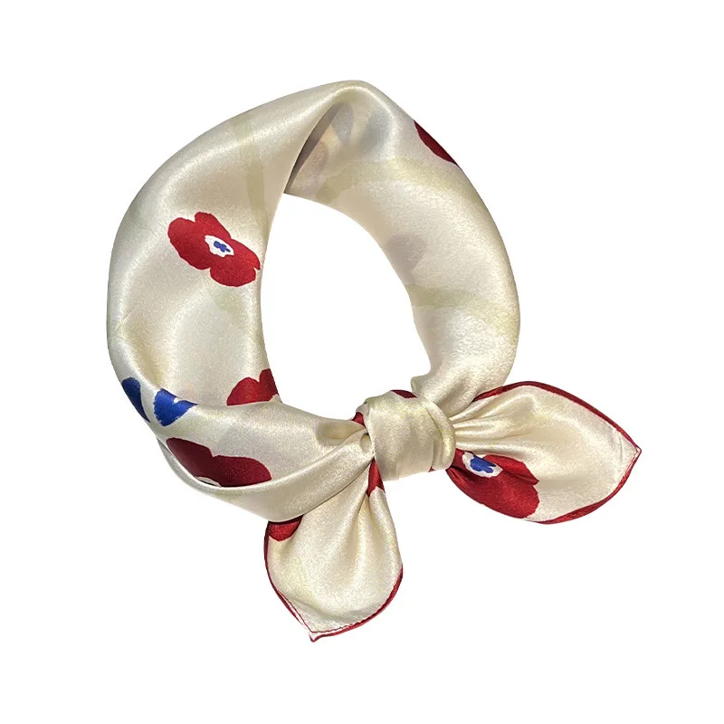 

2025 100% Silk Floral Print Square Scarf Women 53cm Korean Style Spring Summer Bandana Neckerchief Bag Scarf Hair Tie Shawl