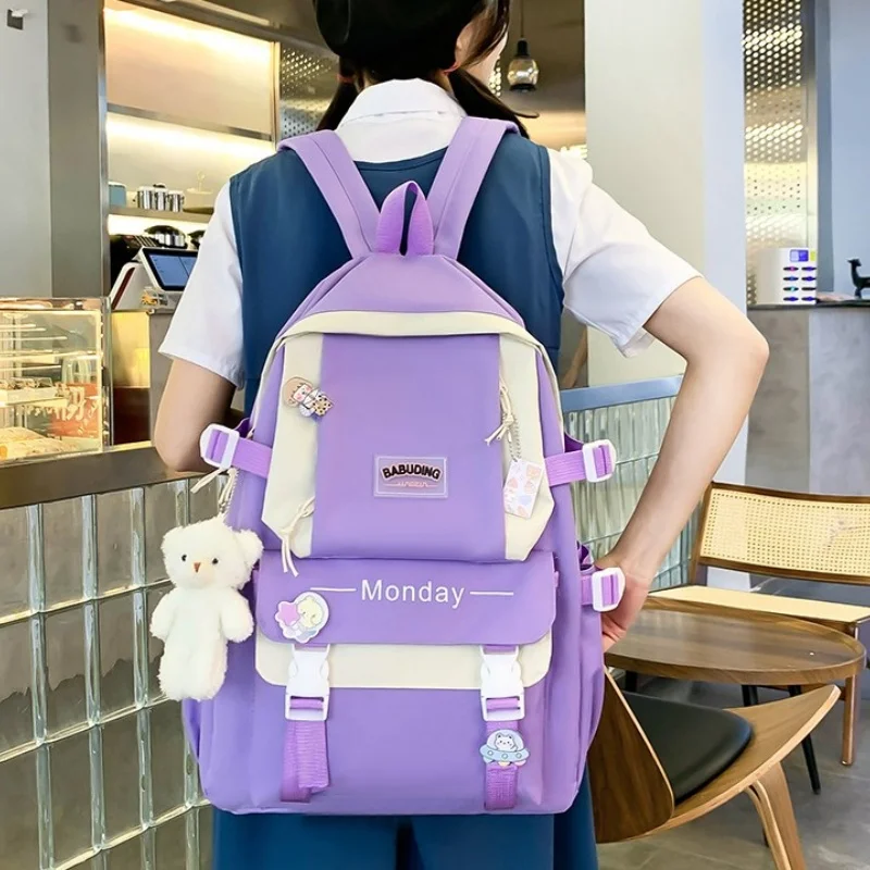 Four Piece Schoolbag Teenage Schoolbag Girls Canvas Solid Colour Large Capacity Schoolbag Student Shoulder Bag Handbag Pen Bag