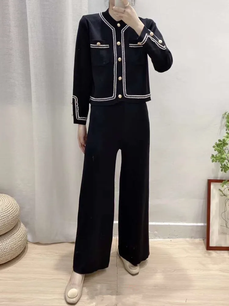 Elegant Pants Suit 2024 Spring Autumn Korea Fashion Crewneck Knitted Cardigan With Straight Pants Women Slim Two-piece Set