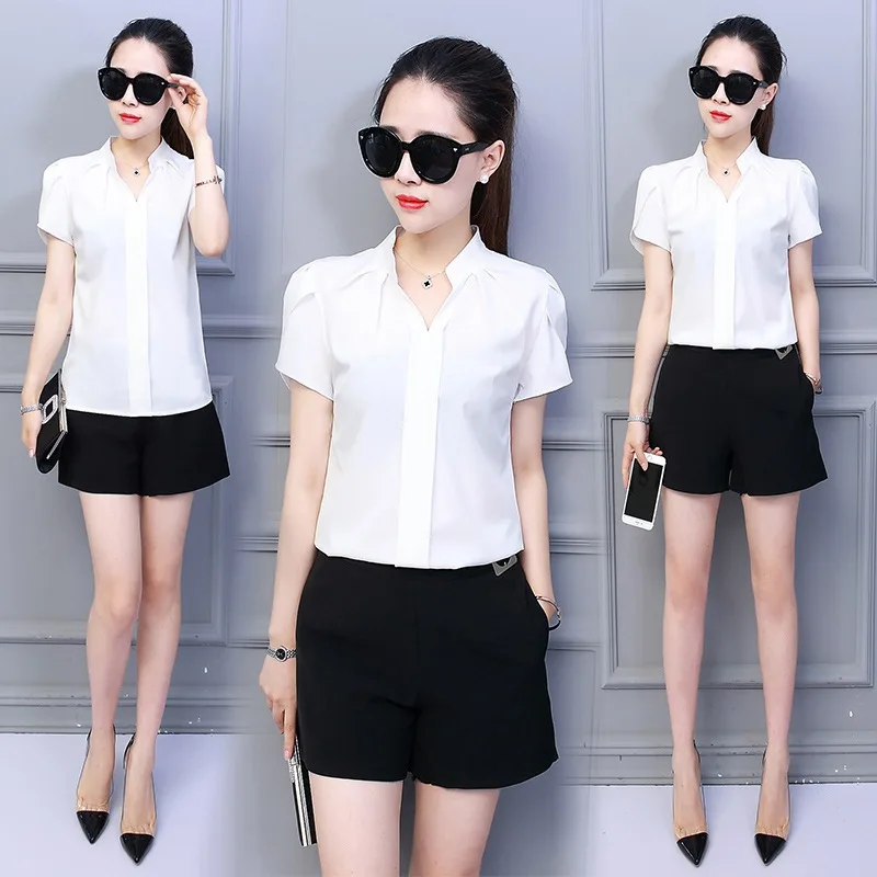 Elegant Female Shirt Short Puff Sleeve Fashion Leisure Chiffon Blouse Tops Chic Sexy V-Neck Loose Shirts Workwear Summer