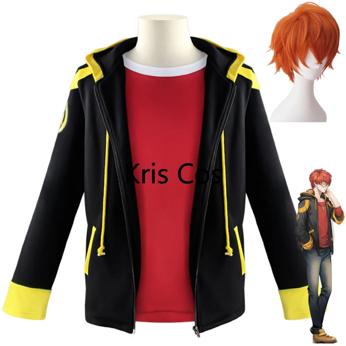 Anime Game Mystic Messenger 707 Cosplay Costume Seven Luciel Saeyoung Choi Wig Zipper Jacket Hoodie Orange Man Party Suit