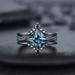 New Luxury Retro Gun Plated Black Ring Micro Black Zircon Ring Irregular Couple Engagement Ring Set