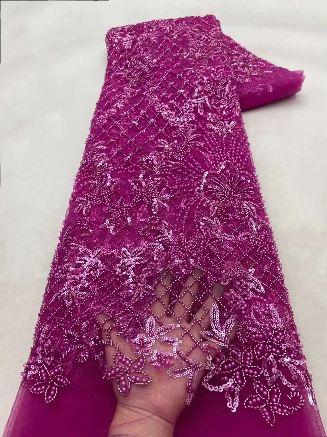 Tecido de renda com miçangas e lantejoulas para festa de casamento e vestido de Natal, elegante tule francês, bordado frisado nigeriano e francês