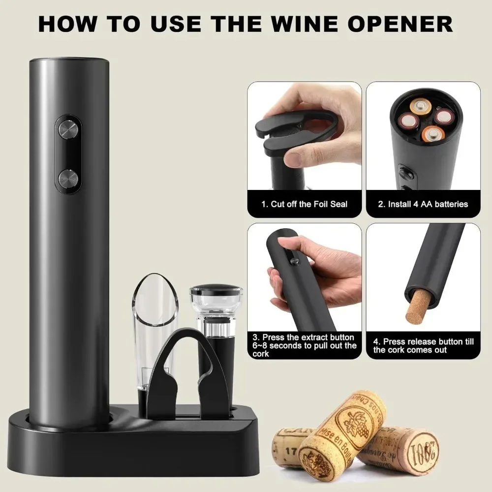 Electric Wine Opener Set Electric Wine Bottle Opener with Storage Base/Wine Aerator Pourer/Foil Cutter/Wine Stopper view 2