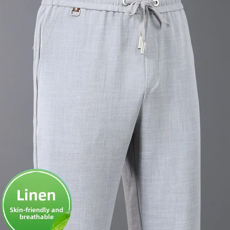 

Высококачественные мужские летние тонкие повседневные брюки из льняной ткани с эффектом ледяного шелка, свободные прямые спортивные брюки, модные городские стильные брюки