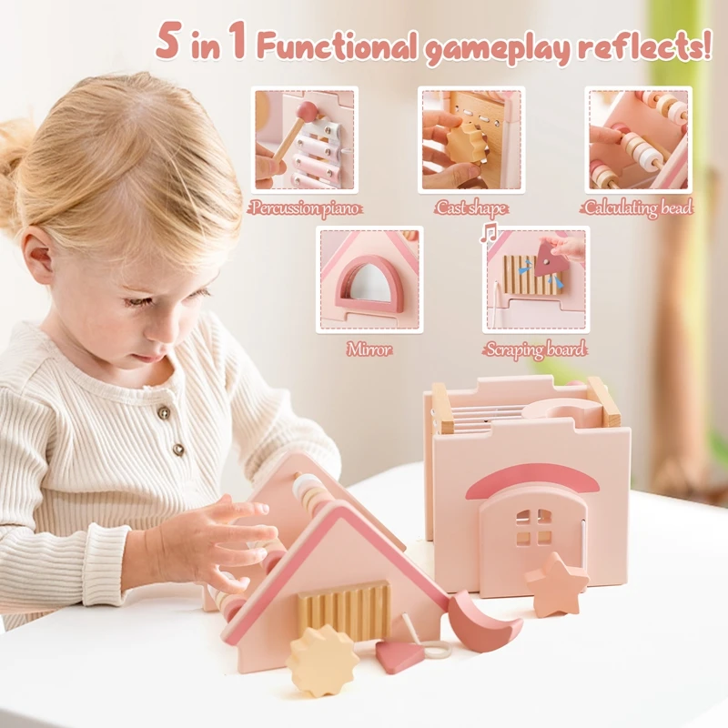 Baby Montessorri Toys Wooden Five-in-one Pink House Blocks Toy Xylophone Multifunctional Busy Toy Geometric Educational Toy Gift