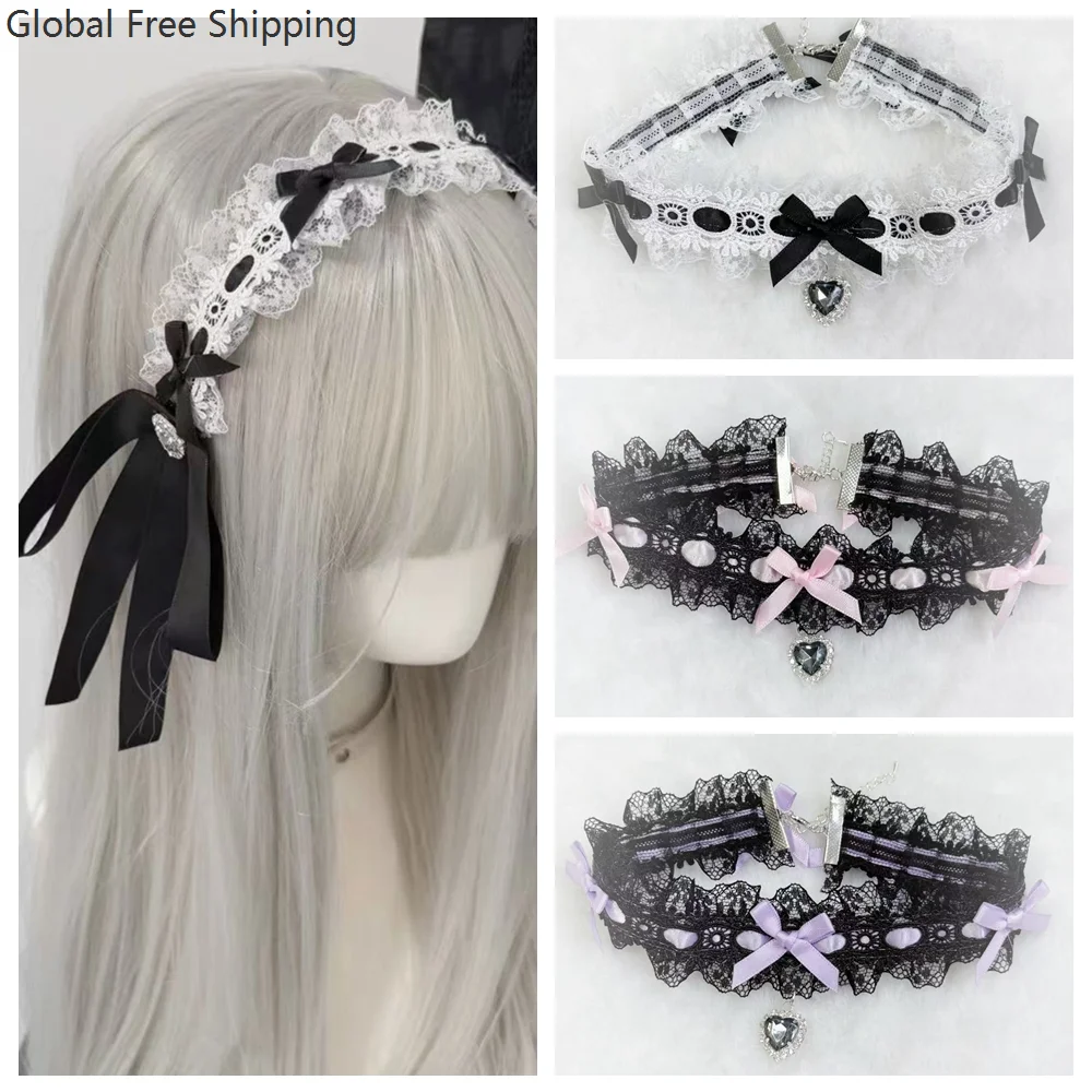 

Gothic Lolita Japanese-style Hairband Y2k Girl Subculture Lace Ruffled Headpiece Adorable Rhinestone Lace Hairband Accessory