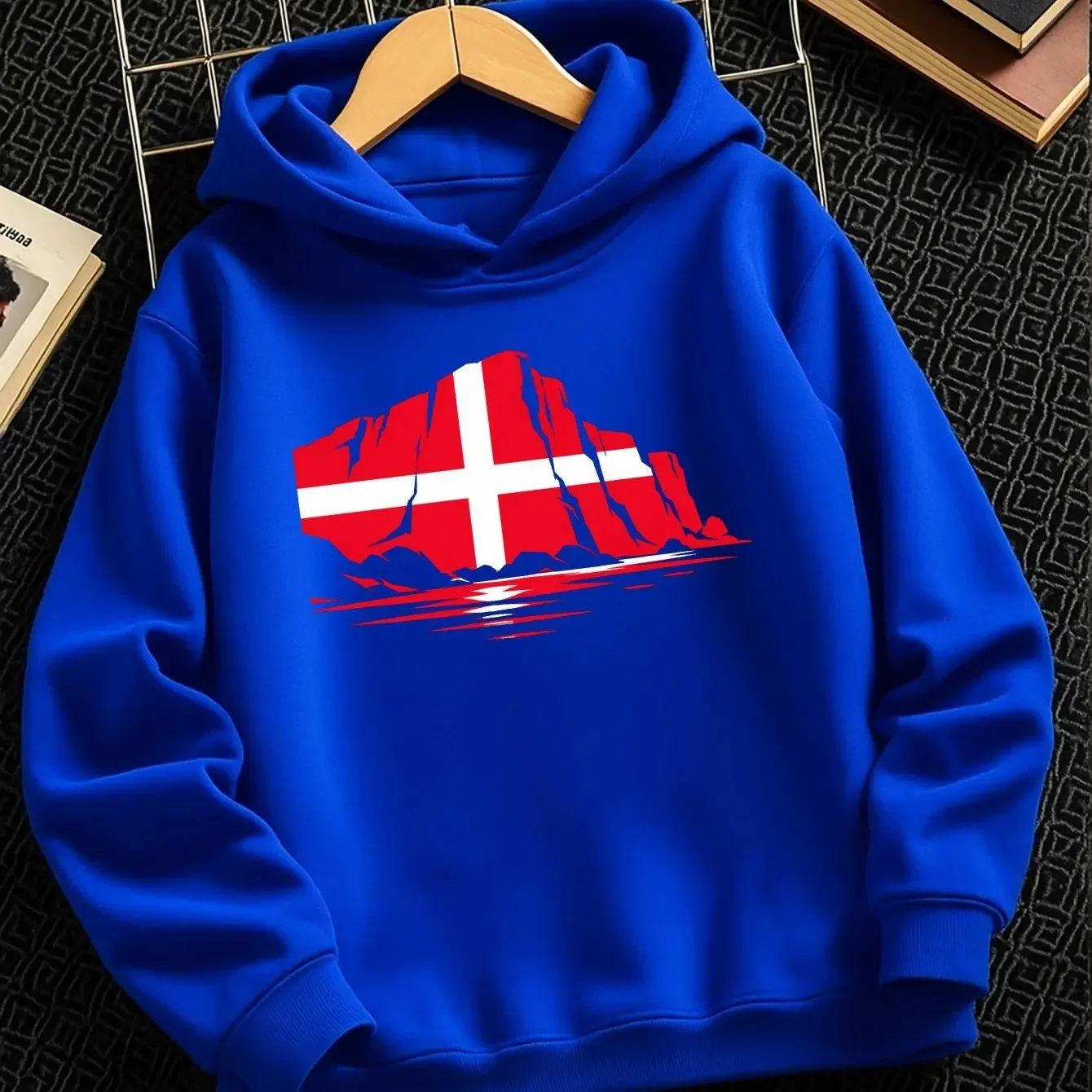 Denmark Flag Mountain Reflection Autumn And Winter Boys Winter Fashion Casual Hoodie Fashion Sports Print Sports Outdoor