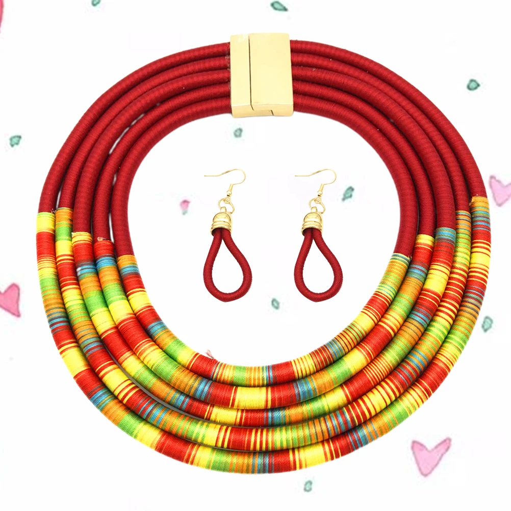

Necklace Set Magnetic Snap Hand-woven Women Multilayer Choker Buckle African Style Red
