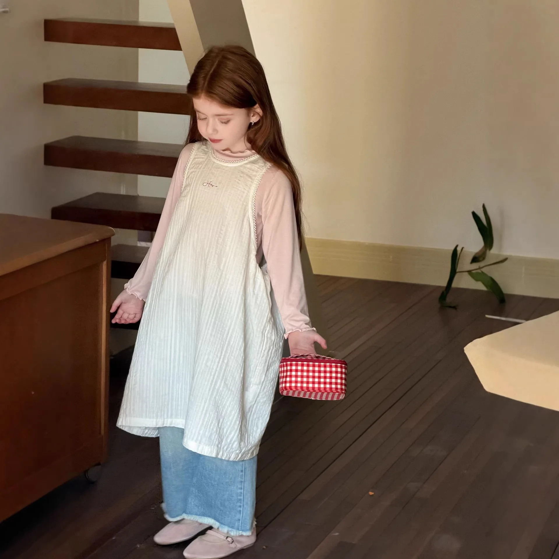 

New Spring Girls Sweet Fashionable Loose Vest Dress 2026 Children Clothing Girls Korean Style Simple Versatile Vest Dress