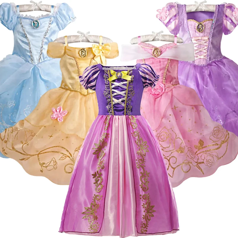 

2024 Disney Girls Rapunzel Princess Dress Cinderella Snow White Aurora Sofia Cosplay Costume Children Birthday Party Clothings