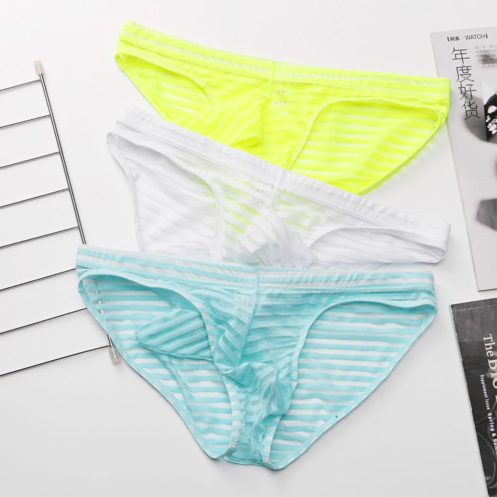 

Сексуальные мужские дышащие трусы-бикини в полоску с низкой посадкой, летние мужские трусы для геев, выпуклая сумка, эротические стринги, мужское сексуальное нижнее белье
