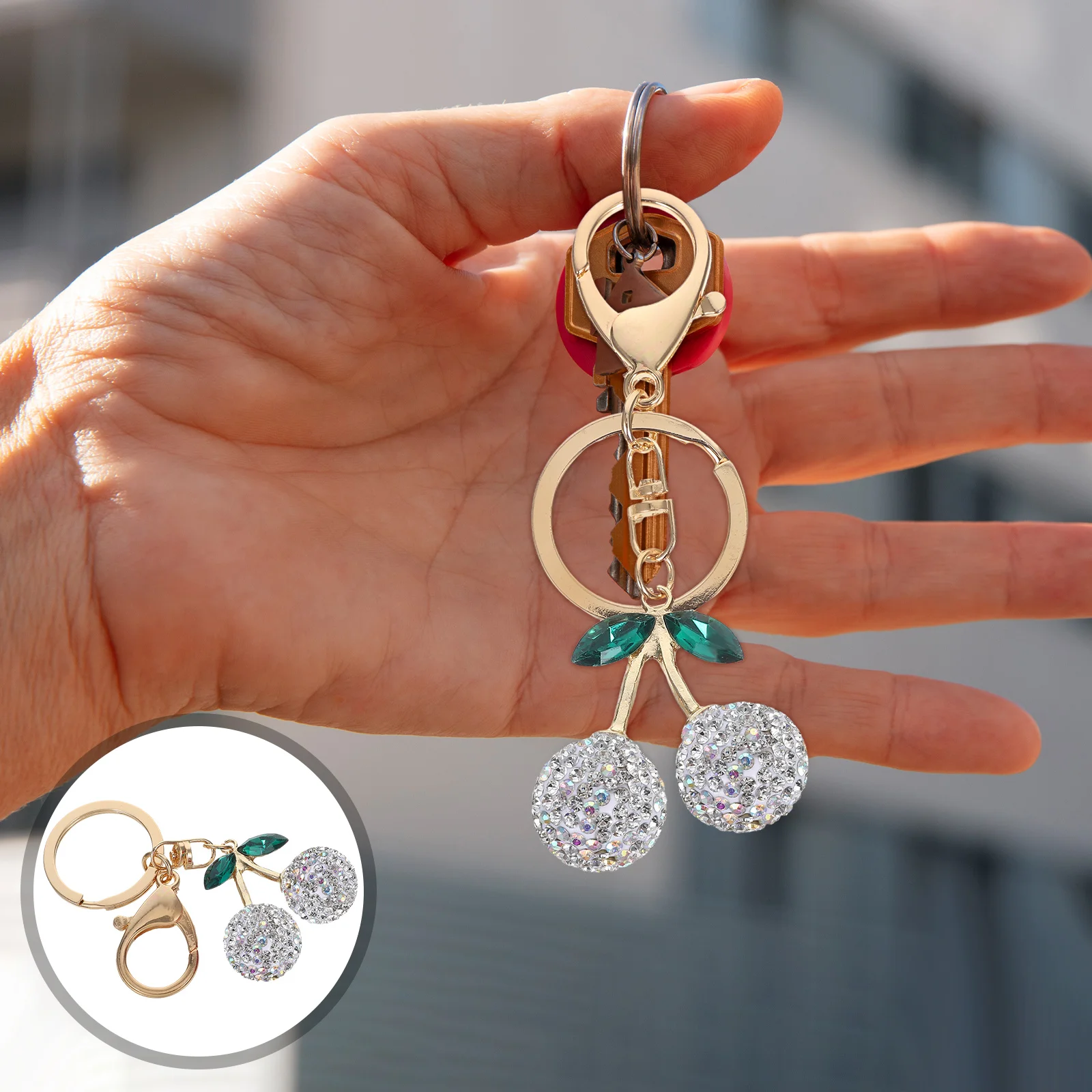 

Cherry Shaped Car Key Charms Keychain Pink Purse Rhinestone Fruit Bag White Rhinestones Wallet