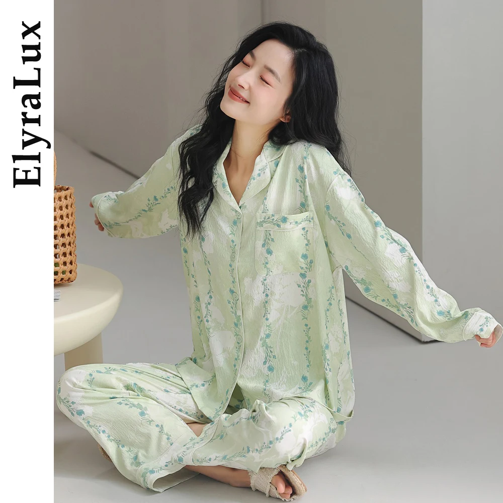 

ElyraLux Новая сезонная ночная рубашка для женщин, пижамы в клетку с лацканами и длинными рукавами в стиле кардиган, комплекты домашней одежды с брюками