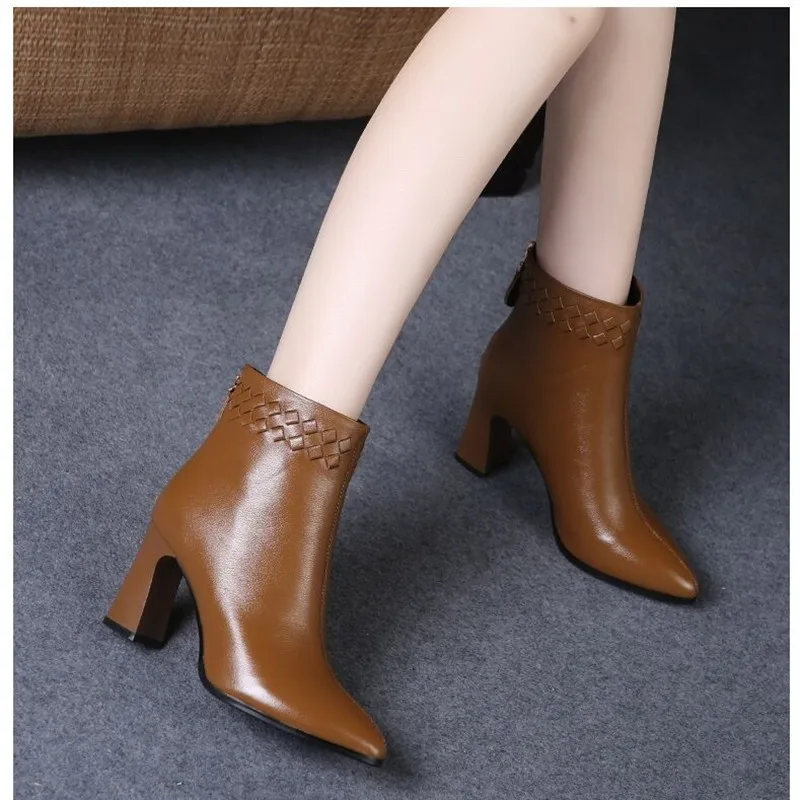 Vintage Pointed Toe High Heels Ankle Boots for Women Brown Pu Leather Zipper Short Boots Woman Autumn Thick Heel Booties