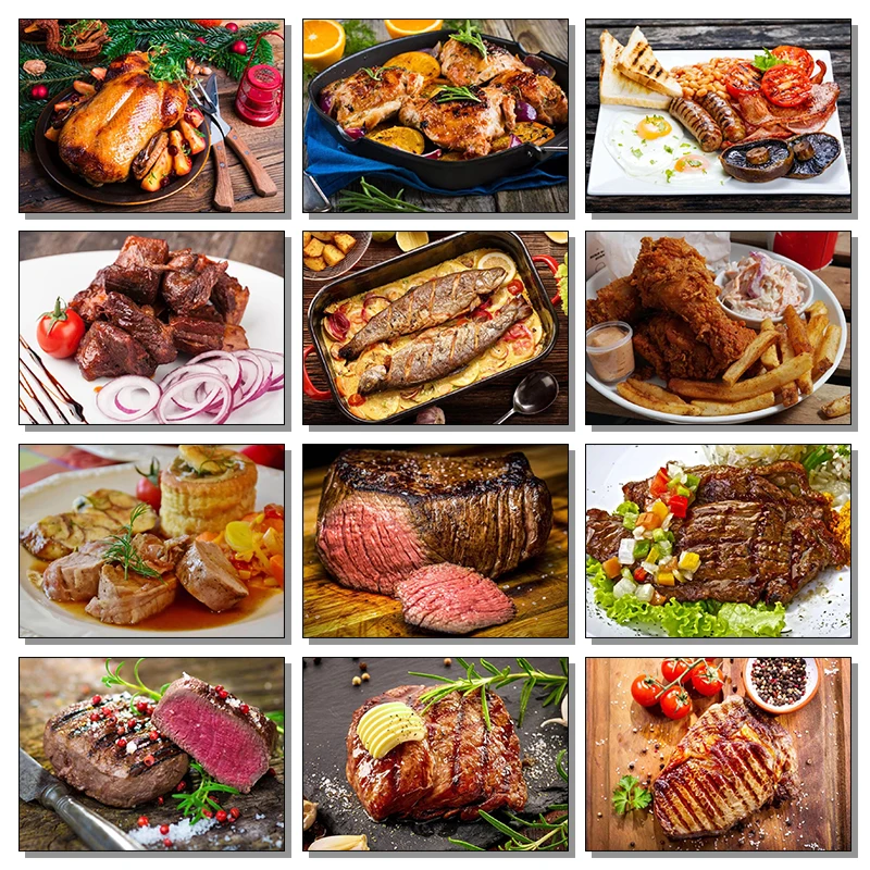 Delicious Barbecue Ham Chicken Wings Steak Roast Chicken Poster Canvas Paintings Wall Art Pictures Restaurant Kitchen Home De