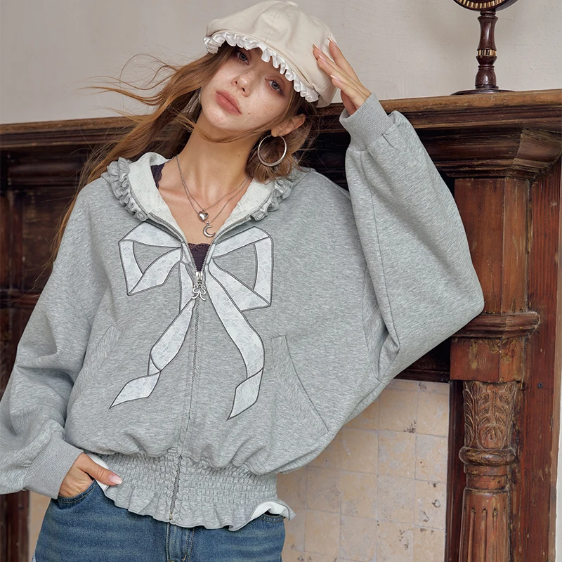 ELFSACK Women's Sweet Zip Up Outerwear with Bow Detail, Cute Ruffled Collar Cropped Jacket, Kawaii Loose Fit Casual Coat