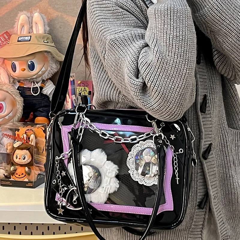 

Japanese Harajuku Itabag Women With Metal Chain Clear Transparent PVC Crossbody Bags DIY PU Leather Shoulder Bag Tote Handbags
