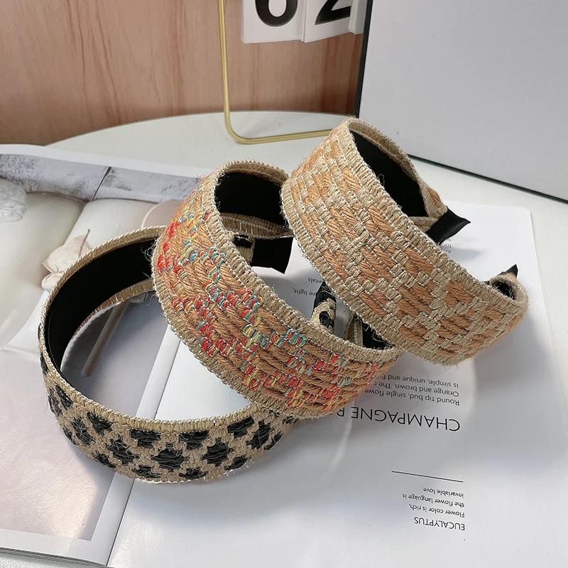 New Colorful Hemp Knitted Splice Hair Hoops for Women Simple and Fashionable Wide Edge Flat Pressed Hair Style Hairpin Accessory