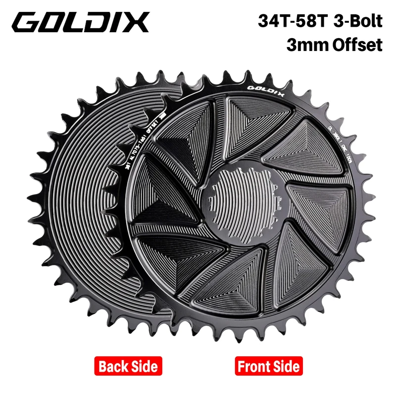 

Велосипедная звездочка GOLDIX с ЧПУ, смещенная 3 мм, 3 болта AERO, широкие узкие зубцы, совместимая с 3-болтовым шатуном, дорожная звездочка MTB