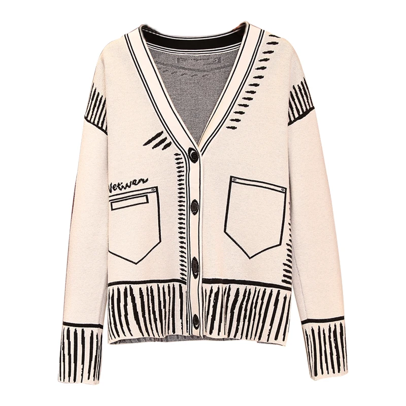 Print Graffiti Unique Cardigan Women Loose V-neck Long Sleeve Luxury Knitted Female Cardigans Coat Y2k 2023 Winter Sweater