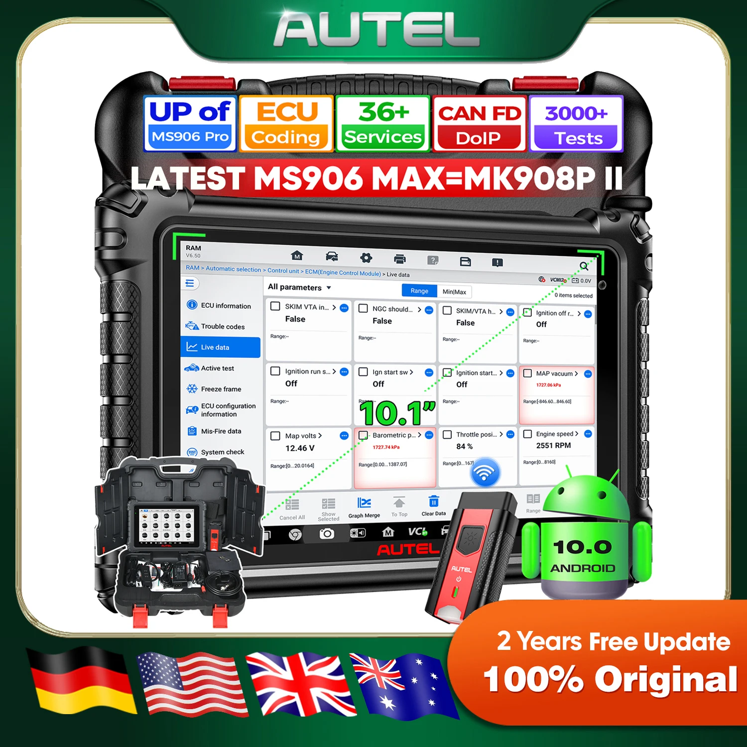 

Autel MaxiSys MS906 MAX Scanner 10.1"2.0 Ver. of MS906 PRO/MP900BT/MS908S/MK908/MK900BT Bi-Directional Diagnostic Tool 3000+Test